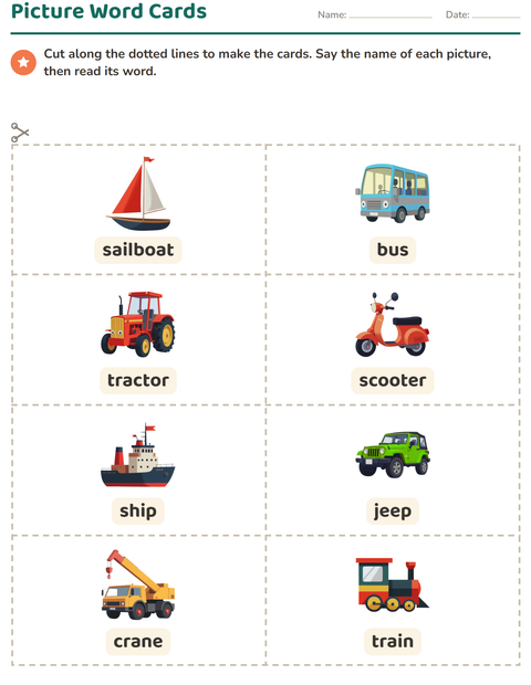 Preview of Picture Word Cards worksheet featuring Vehicles for kindergarten