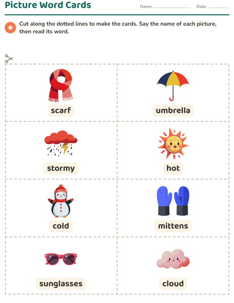 Preview of Picture Word Cards worksheet featuring Weather for kindergarten