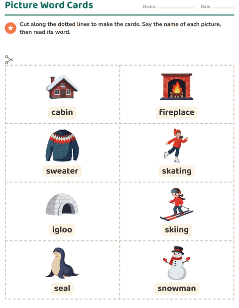 Preview of Picture Word Cards worksheet featuring Winter for kindergarten