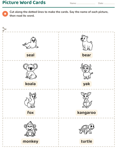 Preview of Picture Word Cards worksheet featuring Zoo Animals BW for kindergarten