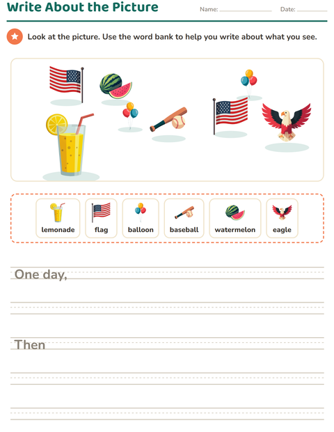 Preview of Picture Writing Prompts worksheet featuring 4th of July for grade 2