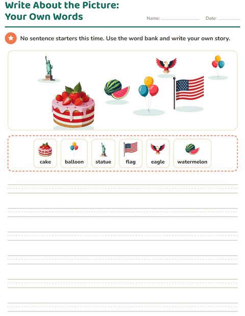 Preview of Picture Writing Prompts worksheet featuring 4th of July for grade 2
