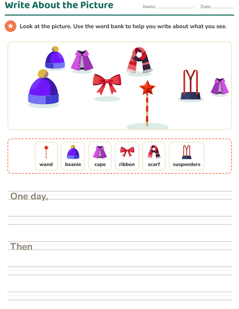Preview of Picture Writing Prompts worksheet featuring Accessories for grade 2