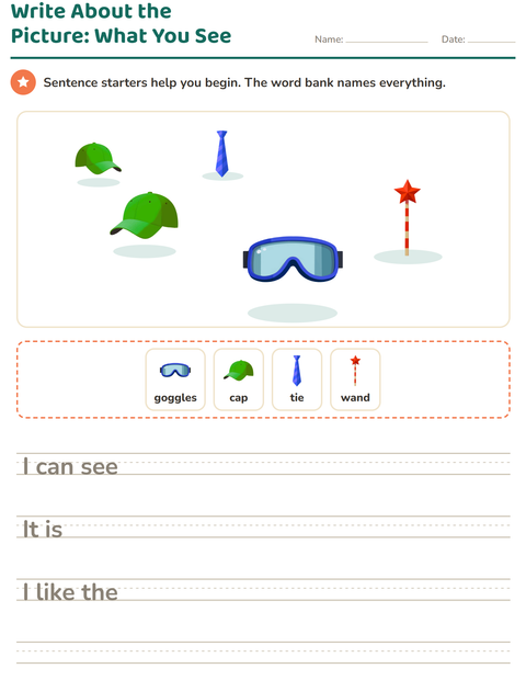 Preview of Picture Writing Prompts worksheet featuring Accessories for grade 2