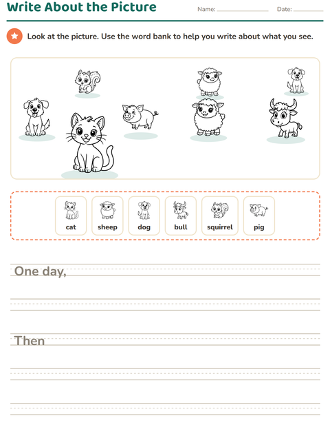 Preview of Picture Writing Prompts worksheet featuring Animals BW 2 for grade 2