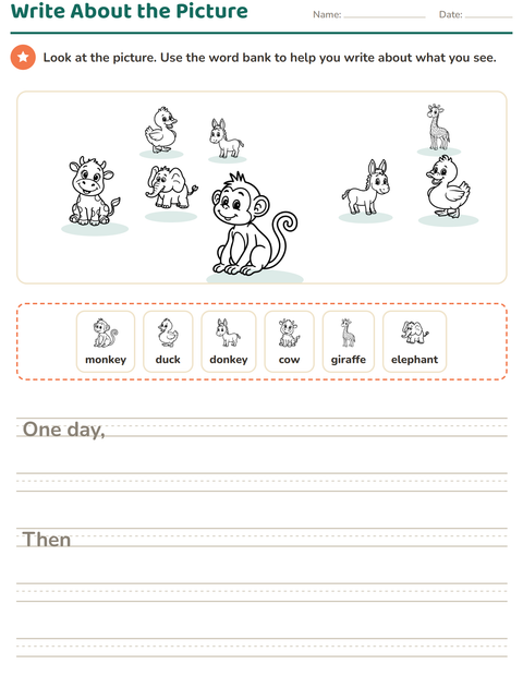 Preview of Picture Writing Prompts worksheet featuring Animals BW 3 for grade 2