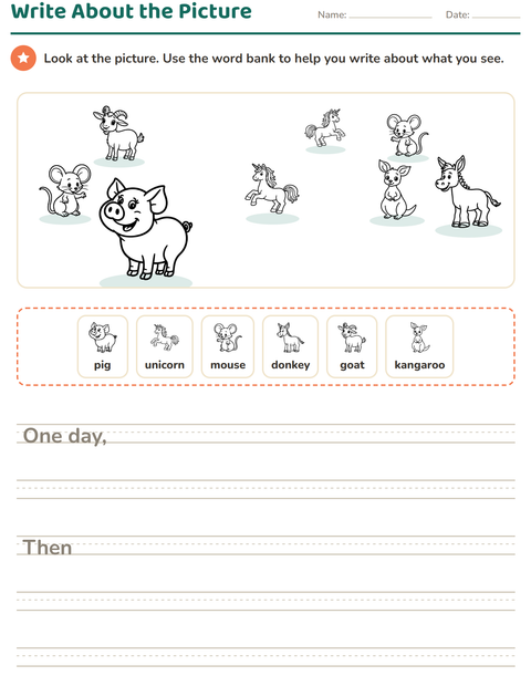 Preview of Picture Writing Prompts worksheet featuring Animals BW 4 for grade 2