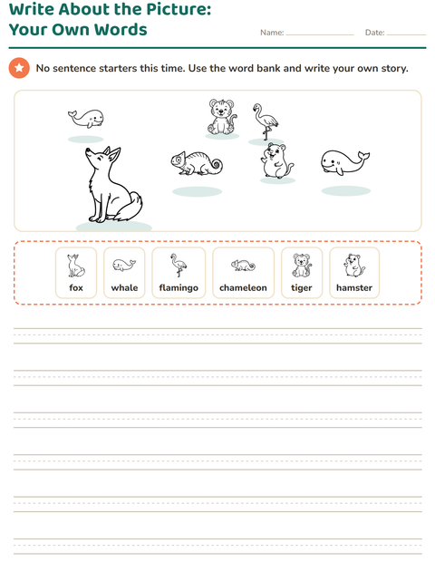 Preview of Picture Writing Prompts worksheet featuring Animals BW 5 for grade 2