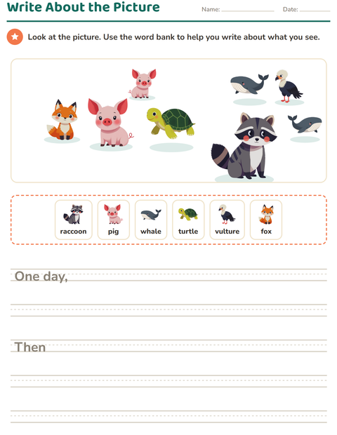 Preview of Picture Writing Prompts worksheet featuring Animals for grade 2