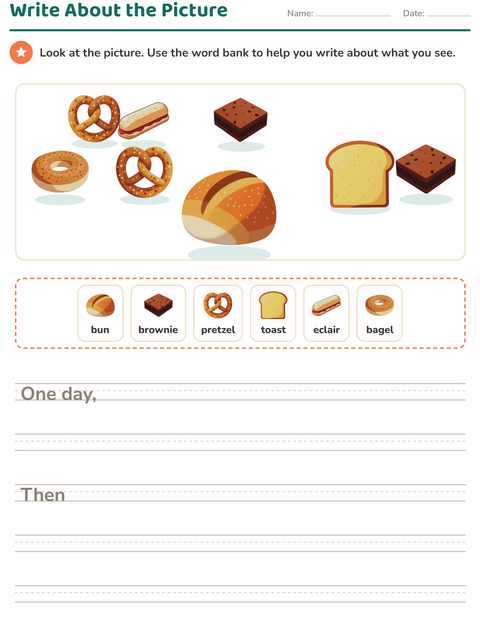 Preview of Picture Writing Prompts worksheet featuring Bakery for grade 2