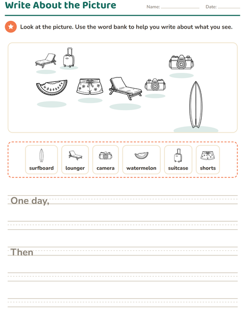 Preview of Picture Writing Prompts worksheet featuring Beach BW 2 for grade 2