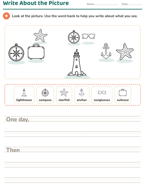 Preview of Picture Writing Prompts worksheet featuring Beach BW for grade 2