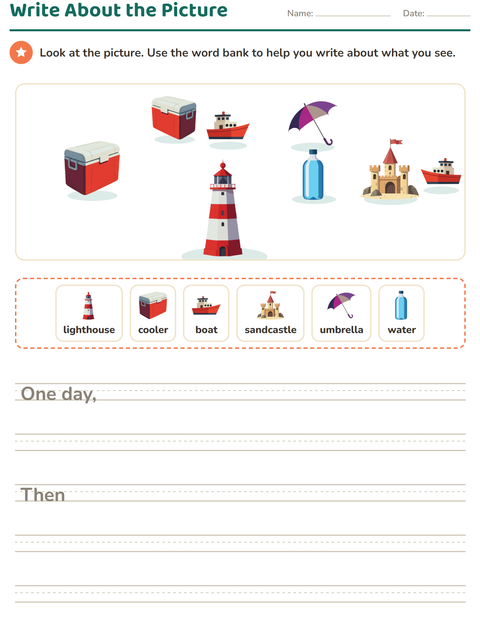 Preview of Picture Writing Prompts worksheet featuring Beach for grade 2
