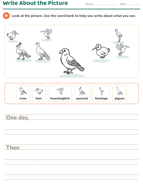 Preview of Picture Writing Prompts worksheet featuring Birds BW for grade 2