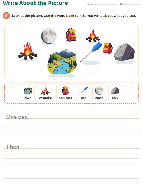 Preview of Picture Writing Prompts worksheet featuring Camping for grade 2