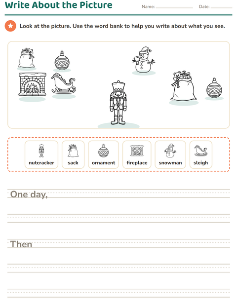 Preview of Picture Writing Prompts worksheet featuring Christmas B&W 2 for grade 2