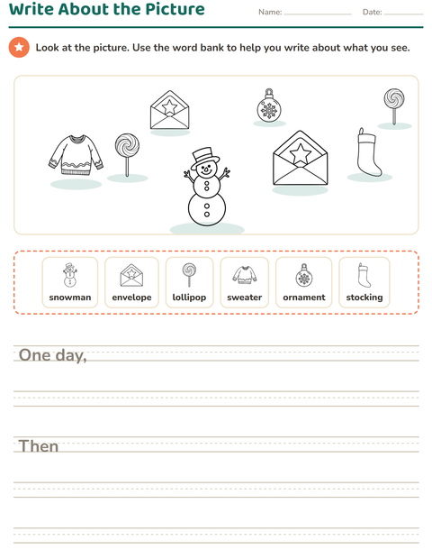 Preview of Picture Writing Prompts worksheet featuring Christmas B&W for grade 2