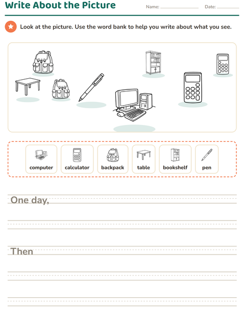 Preview of Picture Writing Prompts worksheet featuring Classroom 2 (B&W) for grade 2