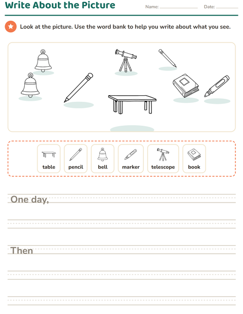 Preview of Picture Writing Prompts worksheet featuring Classroom (B&W) for grade 2