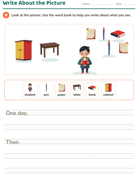 Preview of Picture Writing Prompts worksheet featuring Classroom for grade 2