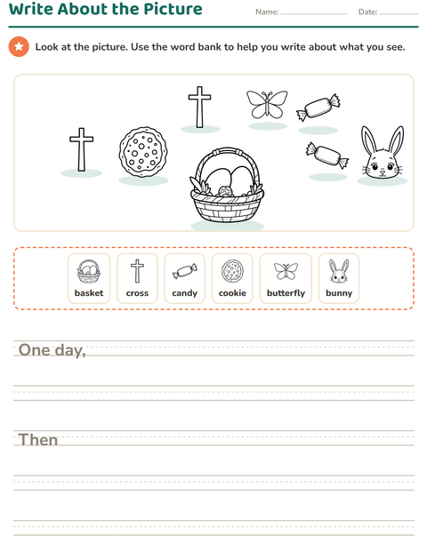 Preview of Picture Writing Prompts worksheet featuring Easter BW for grade 2