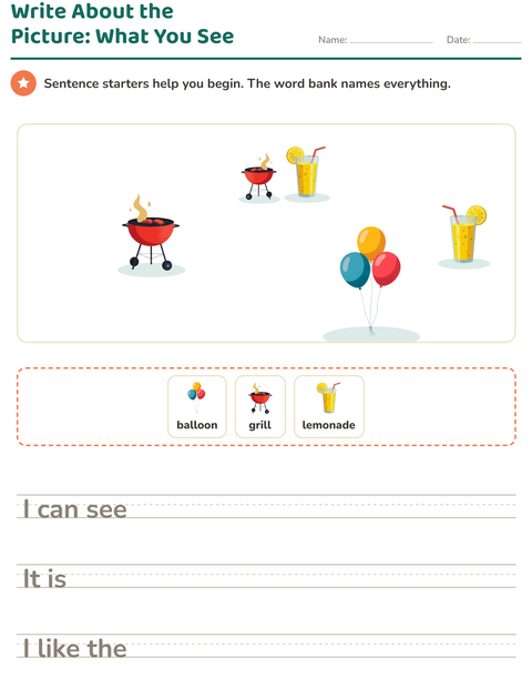 Preview of Picture Writing Prompts worksheet featuring 4th of July for grade 2