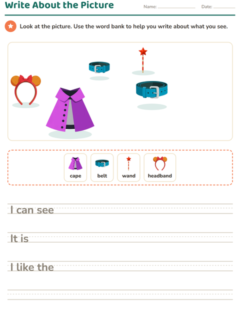 Preview of Picture Writing Prompts worksheet featuring Accessories for grade 2
