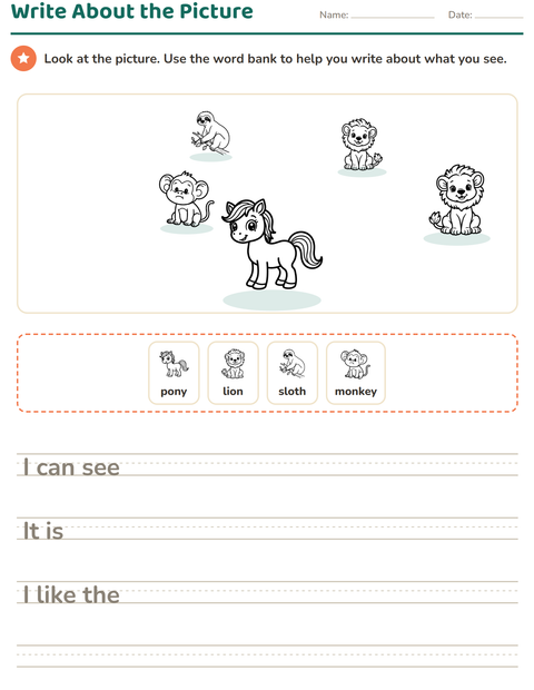 Preview of Picture Writing Prompts worksheet featuring Animals BW 2 for grade 2