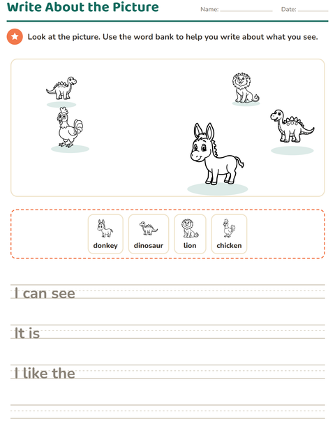 Preview of Picture Writing Prompts worksheet featuring Animals BW 3 for grade 2