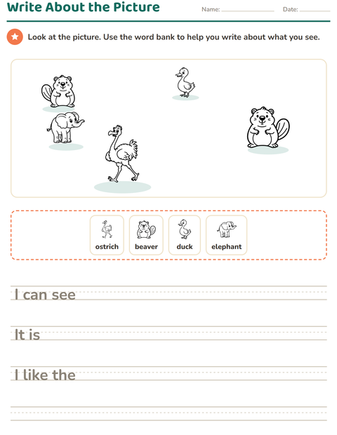 Preview of Picture Writing Prompts worksheet featuring Animals BW 4 for grade 2