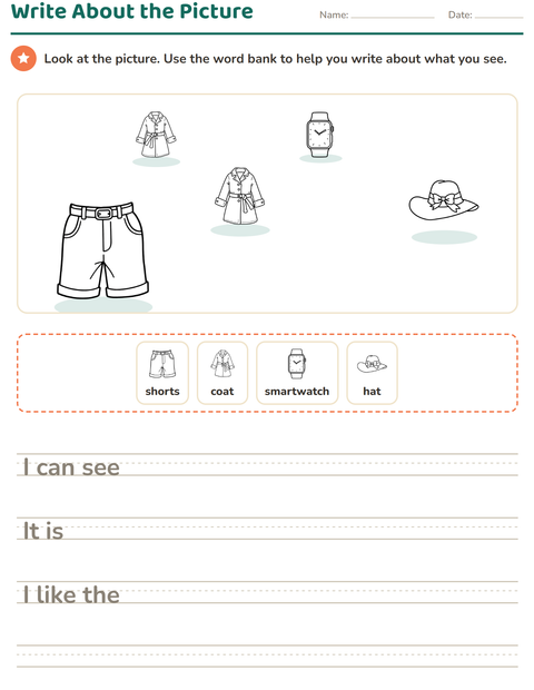 Preview of Picture Writing Prompts worksheet featuring Apparel BW for grade 2