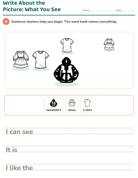 Preview of Picture Writing Prompts worksheet featuring Apparel BW for grade 2