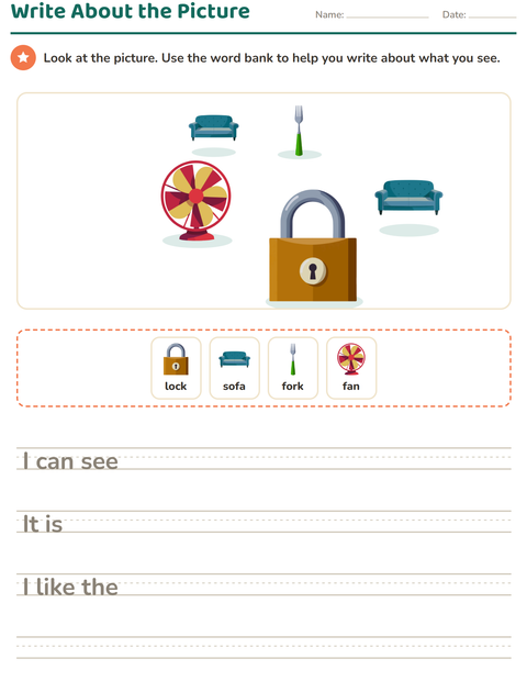 Preview of Picture Writing Prompts worksheet featuring Around the House for grade 2