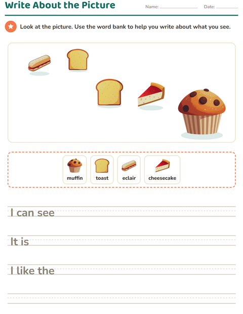 Preview of Picture Writing Prompts worksheet featuring Bakery for grade 2