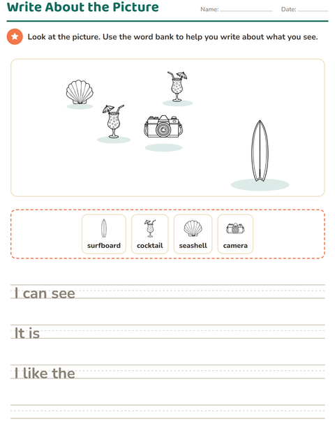 Preview of Picture Writing Prompts worksheet featuring Beach BW 2 for grade 2