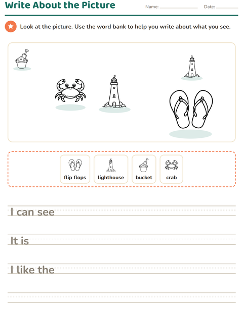 Preview of Picture Writing Prompts worksheet featuring Beach BW for grade 2
