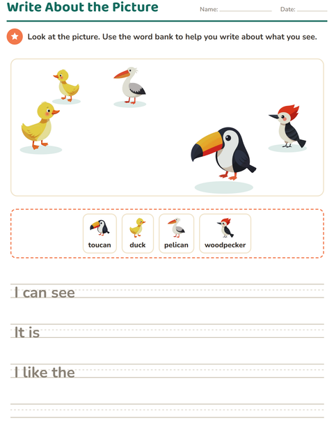 Preview of Picture Writing Prompts worksheet featuring Birds 2 for grade 2