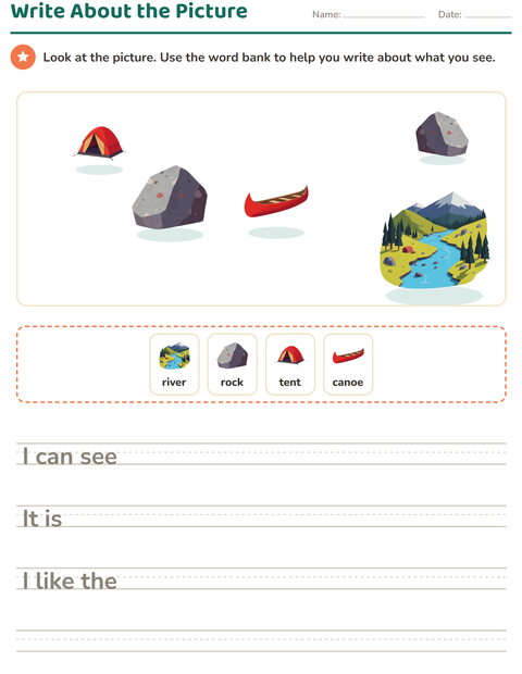 Preview of Picture Writing Prompts worksheet featuring Camping for grade 2