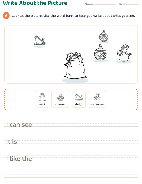 Preview of Picture Writing Prompts worksheet featuring Christmas B&W 2 for grade 2