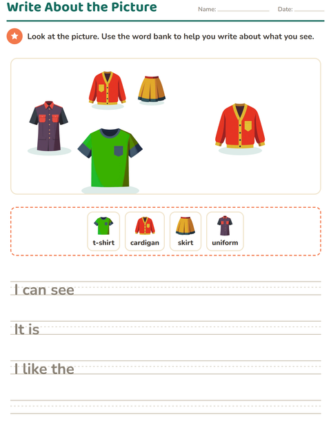 Preview of Picture Writing Prompts worksheet featuring Clothing for grade 2