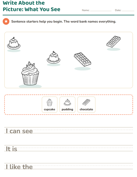 Preview of Picture Writing Prompts worksheet featuring Dessert (B&W) for grade 2