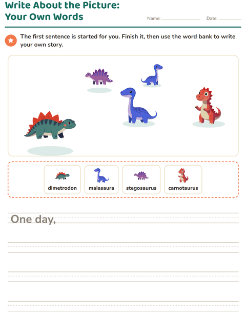 Preview of Picture Writing Prompts worksheet featuring Dinosaurs for grade 2