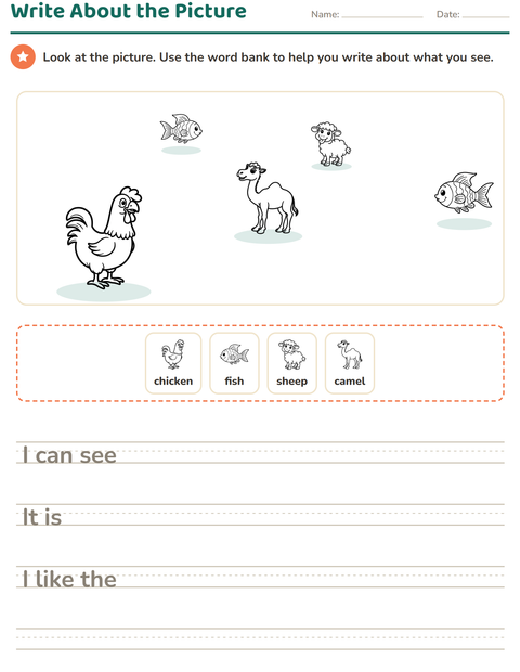 Preview of Picture Writing Prompts worksheet featuring Farm Animals BW for grade 2