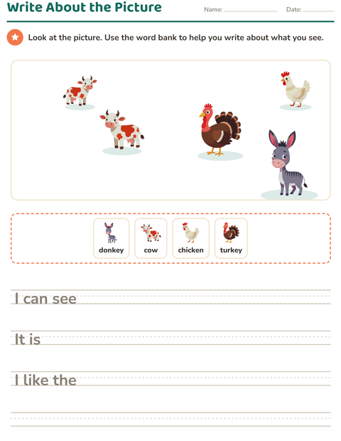 Preview of Picture Writing Prompts worksheet featuring Farm Animals for grade 2