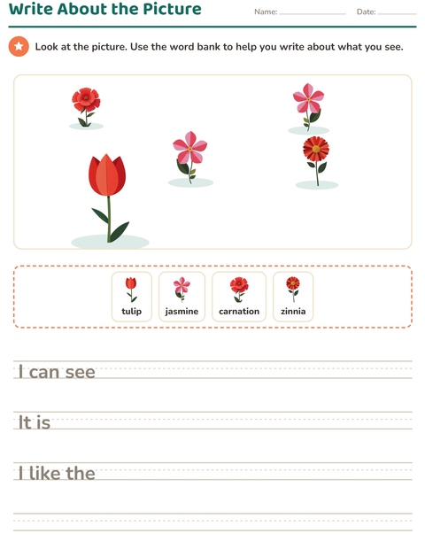 Preview of Picture Writing Prompts worksheet featuring Flowers for grade 2