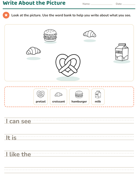 Preview of Picture Writing Prompts worksheet featuring Food BW 3 for grade 2