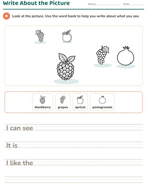 Preview of Picture Writing Prompts worksheet featuring Fruits BW for grade 2