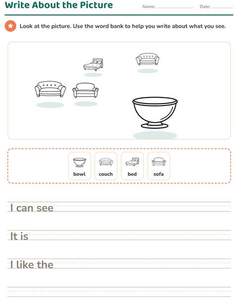 Preview of Picture Writing Prompts worksheet featuring Furniture BW for grade 2