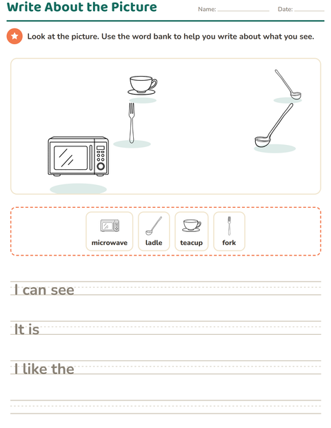 Preview of Picture Writing Prompts worksheet featuring Kitchen BW for grade 2
