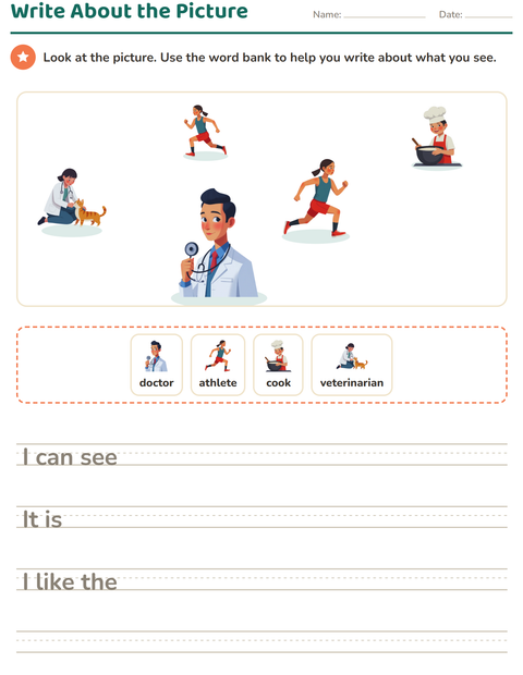 Preview of Picture Writing Prompts worksheet featuring Occupations for grade 2